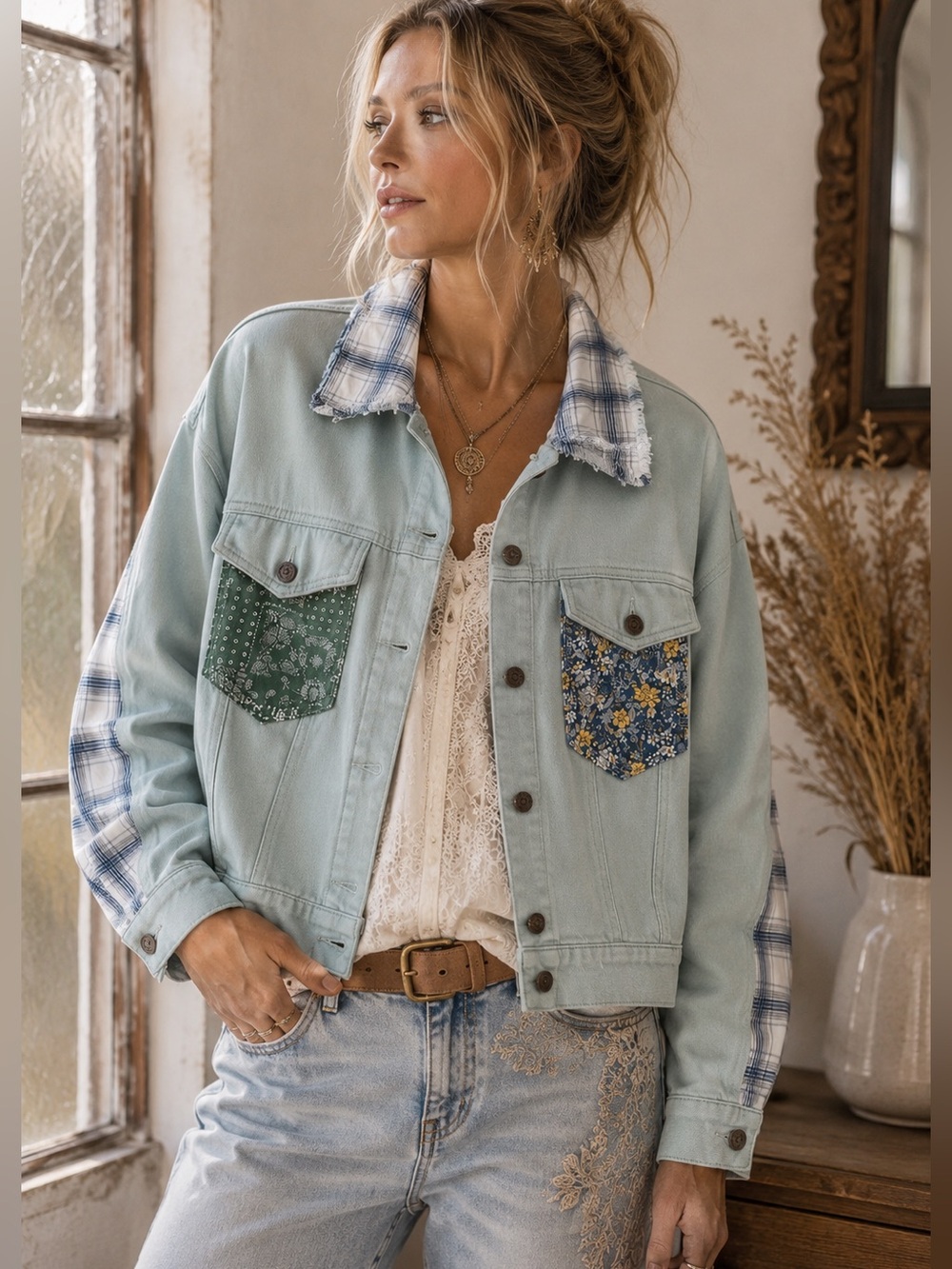 206🌟 Easel Patchwork Denim Jacket | Boho Plaid & Floral | Oversized Shacket